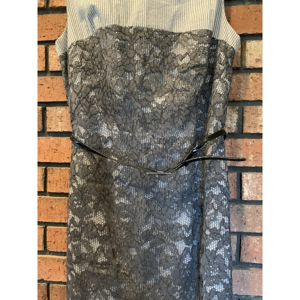 Maggy London Womens Sleeveless Lace Gray Striped Belted Dress Knee Length Size 8 - Picture 2 of 4